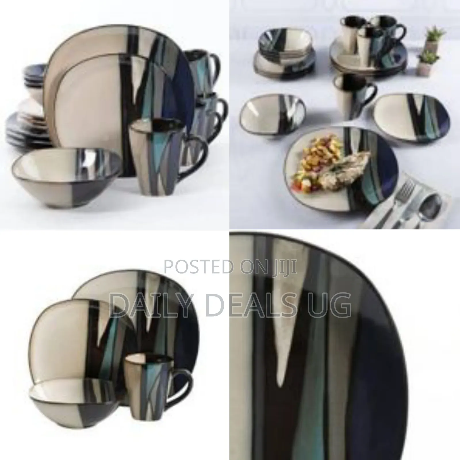 24 Piece Porcelain Blur Lined Chip Resistant Dinner Sets for 6 People