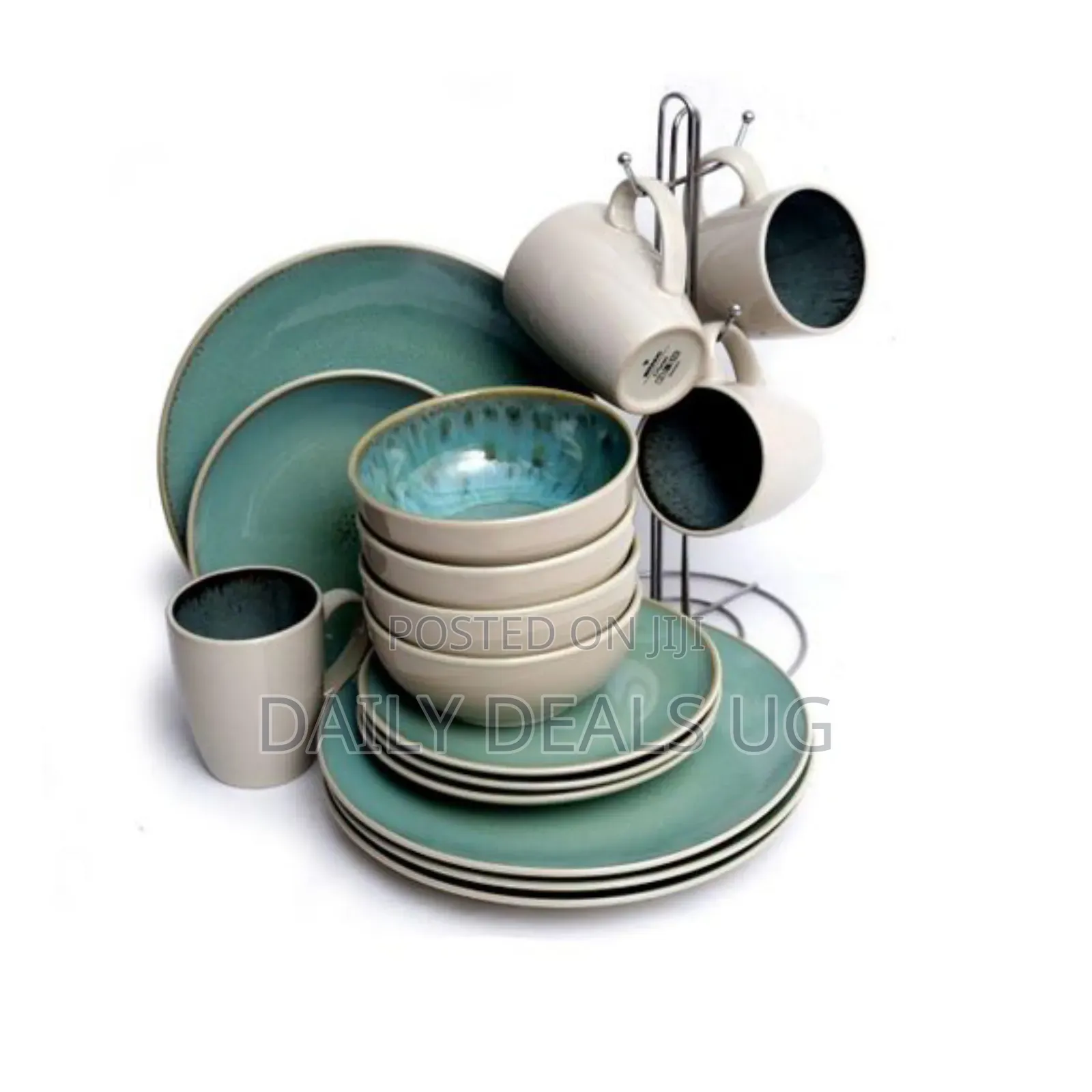 16-Piece Round Ceramic Tableware Dinnerware Set Turquoise Stoneware