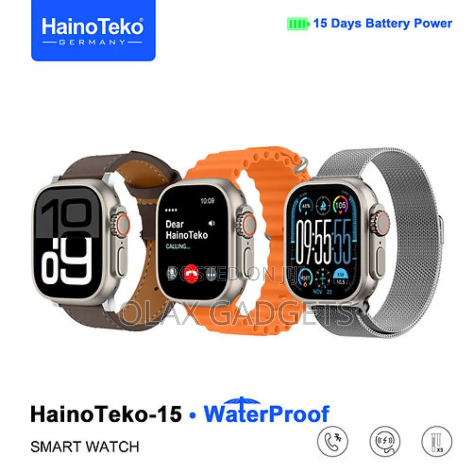 Hainoteko-15 Bluetooth Calling Waterproof Smart Watch With 3 Straps
