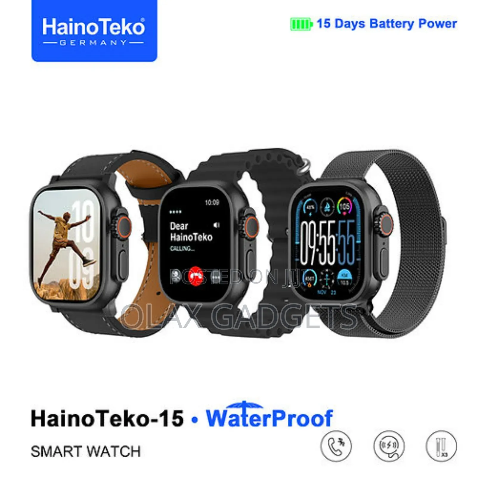Hainoteko-15 Bluetooth Calling Waterproof Smart Watch With 3 Straps