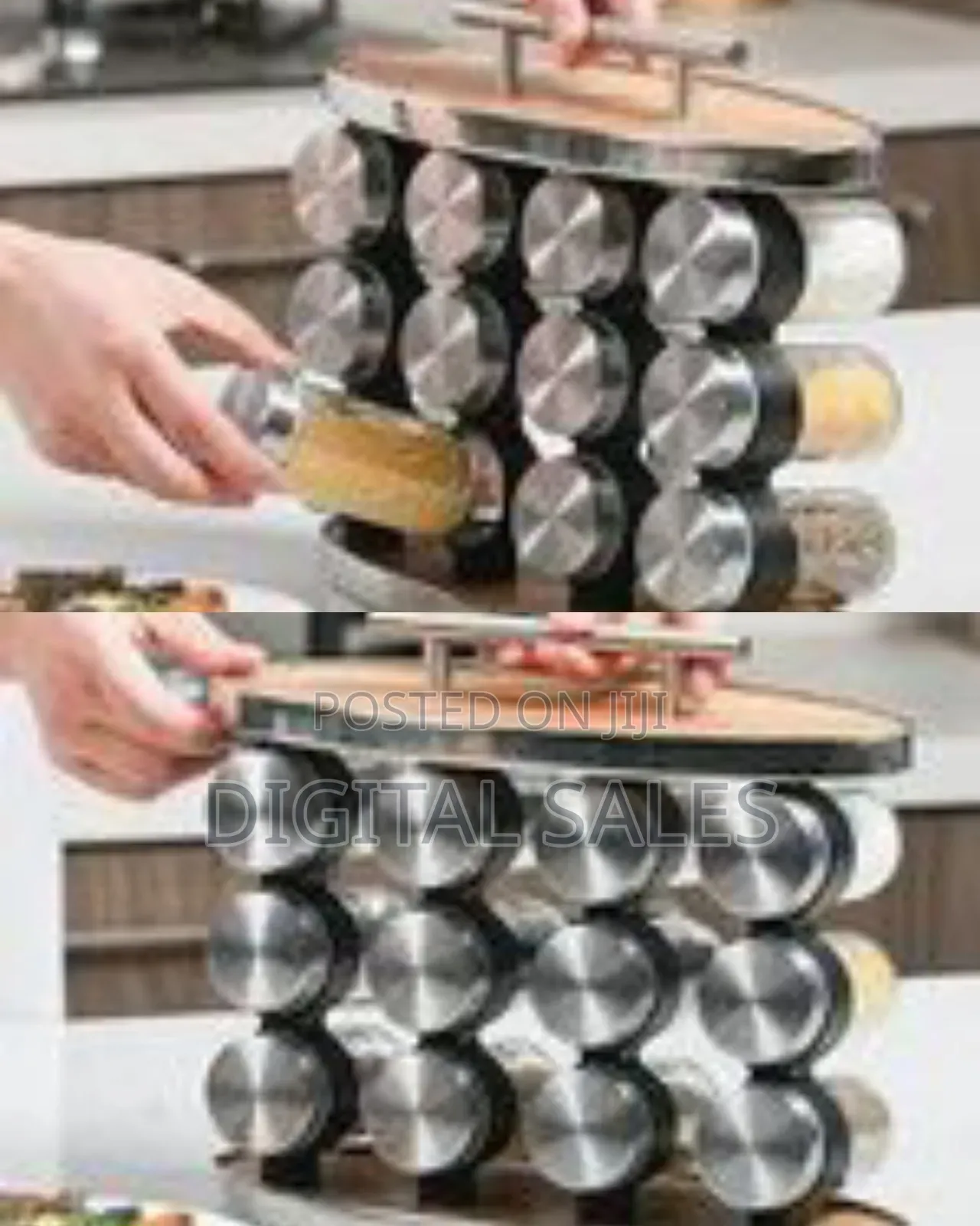 Oval Wood Rotating Grain Spice Rack Storagevset With 12 Spice Jars, 0
