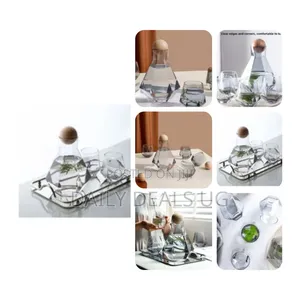 4 Water Glasses, 1 Jug With Wooden Stopper and a Tray, Colourless