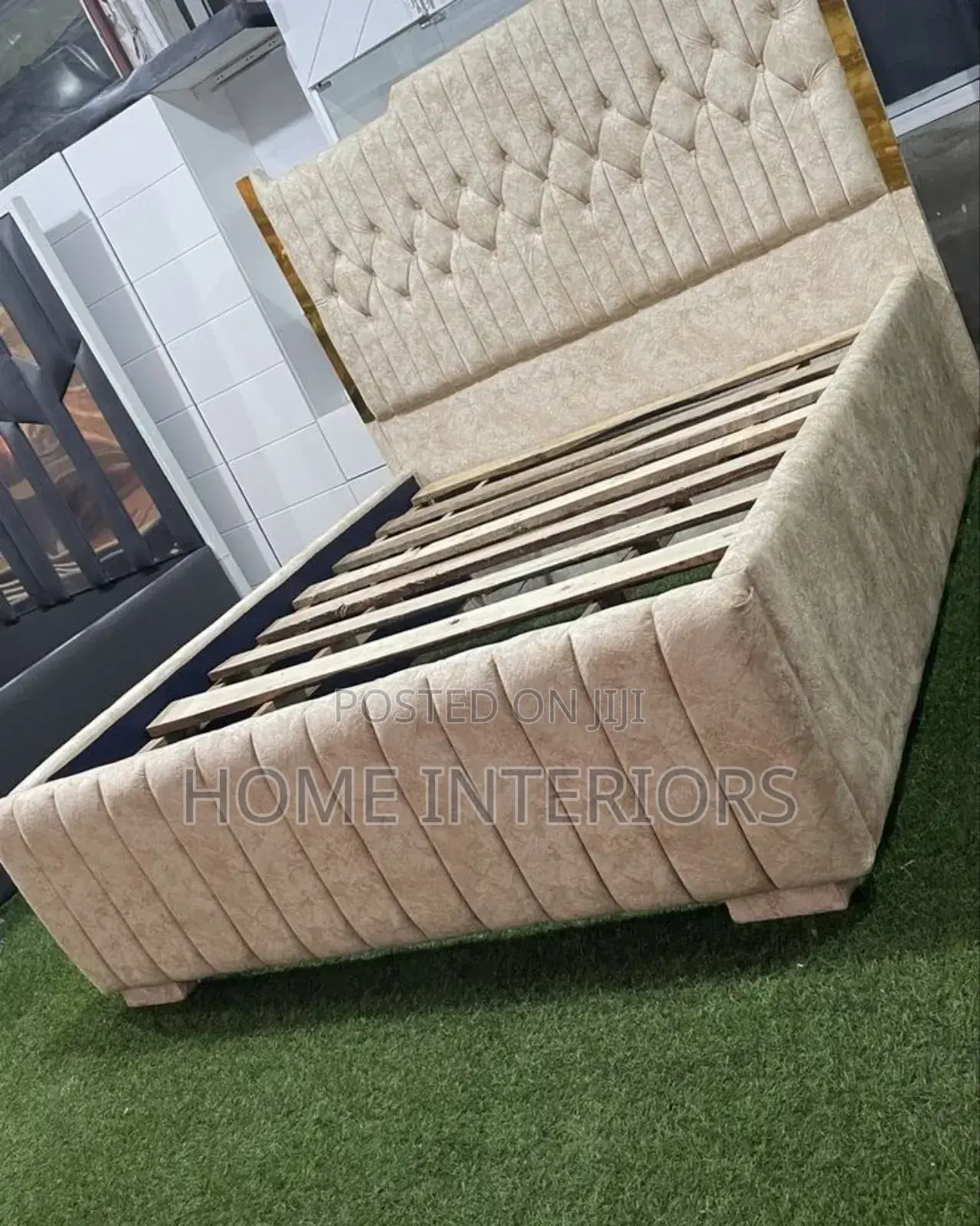 A Bed With Linear Grey Color