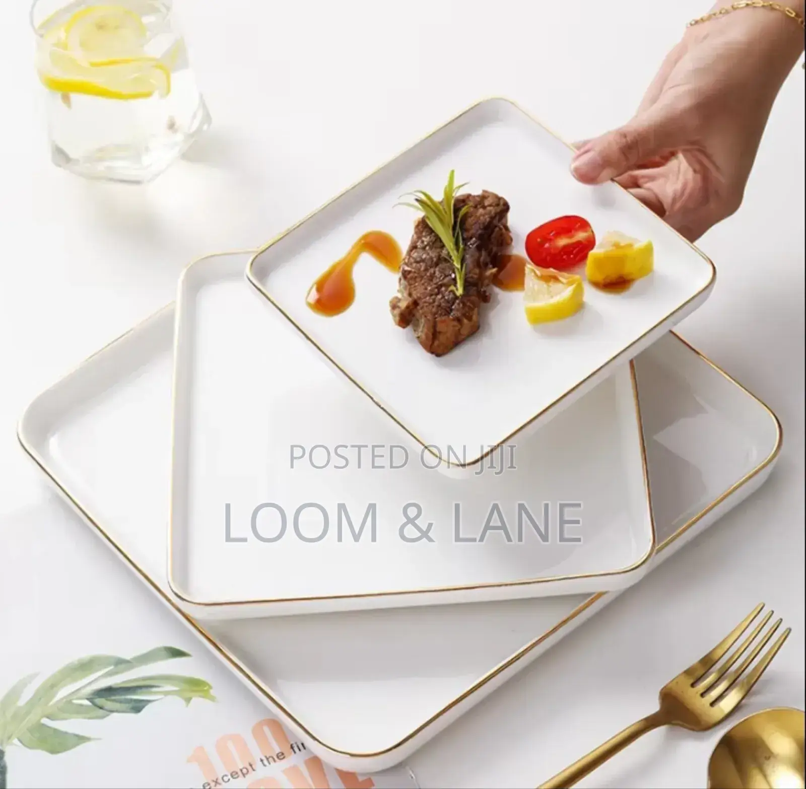 3pcs European-Style White Square Plates With a Golden Rim