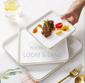 3pcs European-Style White Square Plates With a Golden Rim