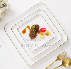 3pcs European-Style White Square Plates With a Golden Rim
