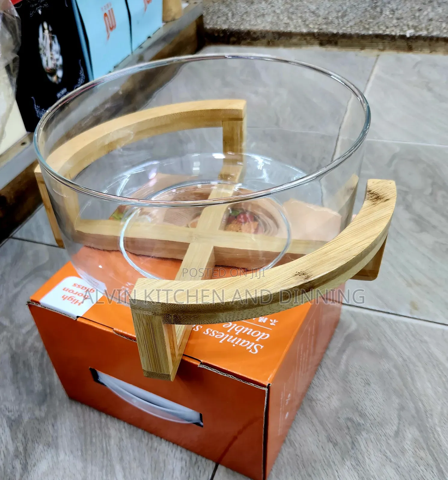 Glass Salad Bowl With Wooden Stand.
