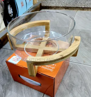 Glass Salad Bowl With Wooden Stand.