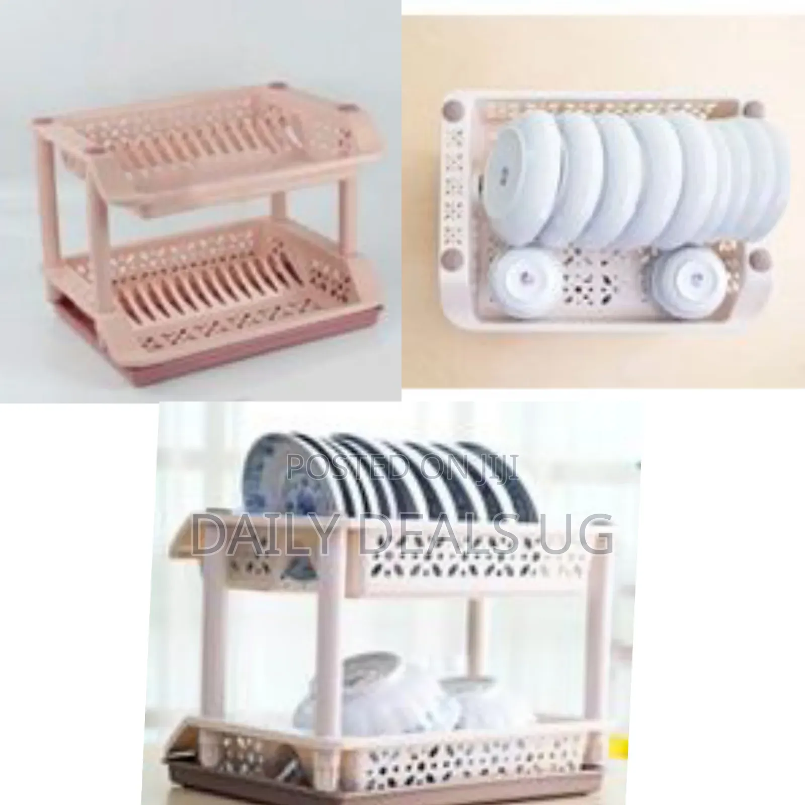 2 Tier Kitchen Plastic Dish Draining Drying Storage Rack Tray -Pink
