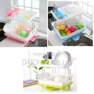 2 Layer Plastic Dish Drying Draining Rack Storage Tray- Multi-Colour