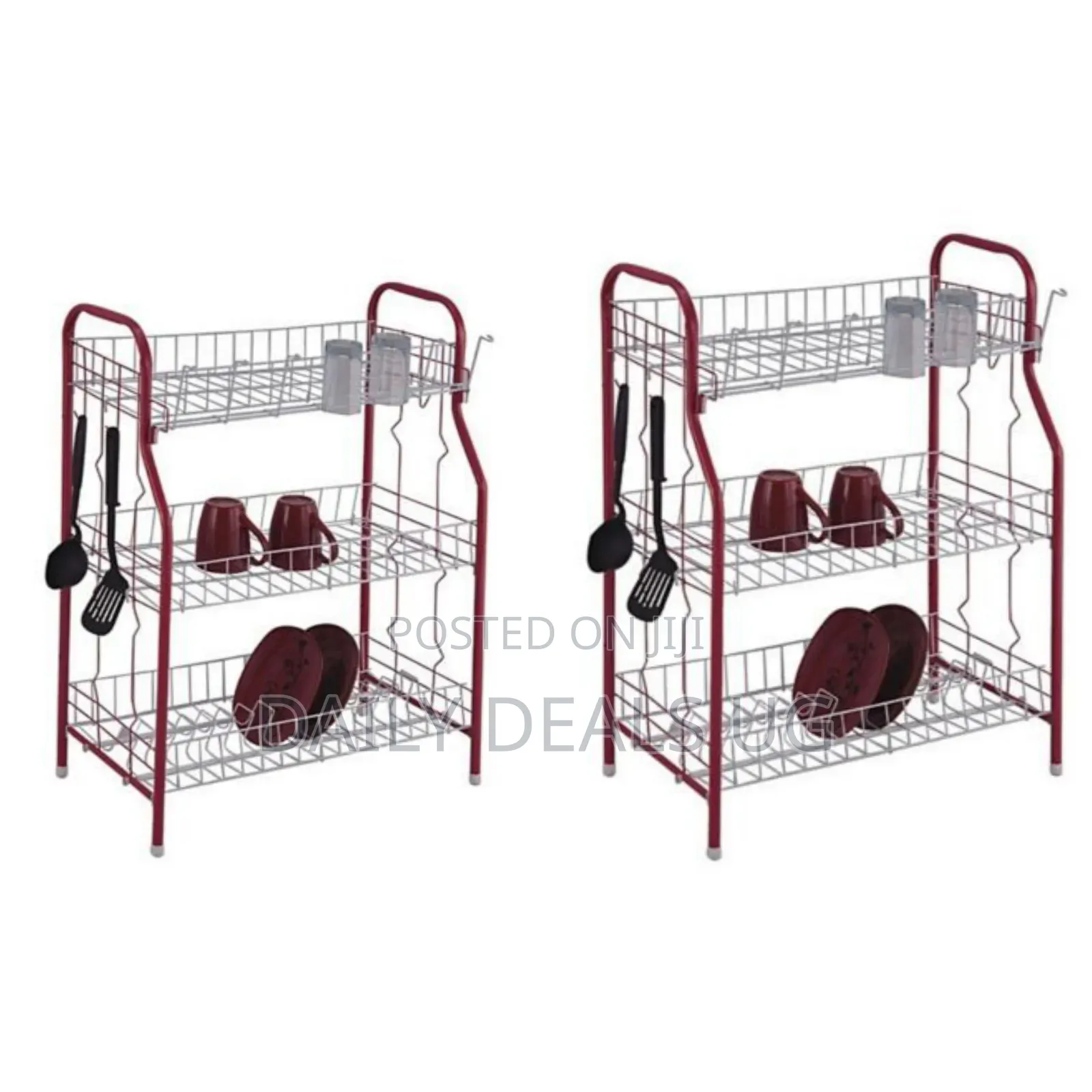 3 Tier Stainless Steel Dish Drainer Storage Rack, Red