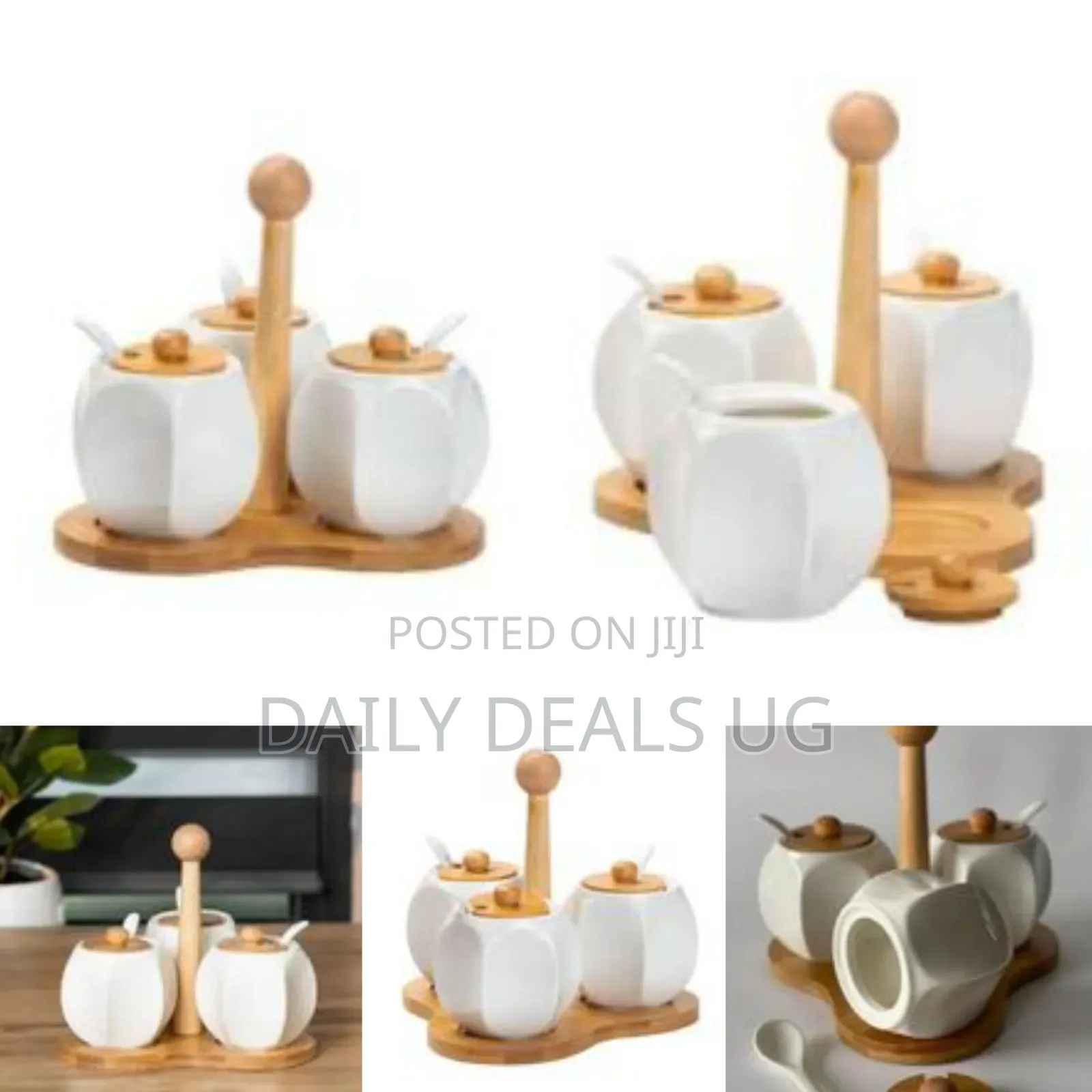 Tea Coffee Sugar Bowl 3 Canisters Set With Wooden Ceramic Spoons Flat
