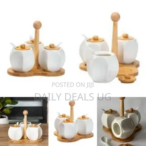 Tea Coffee Sugar Bowl 3 Canisters Set With Wooden Ceramic Spoons Flat
