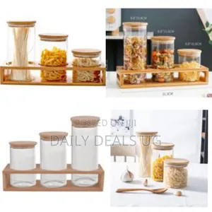 3 Pieces of Glass Sealed Jar With Bamboo Wood Storage Bracket and Lid
