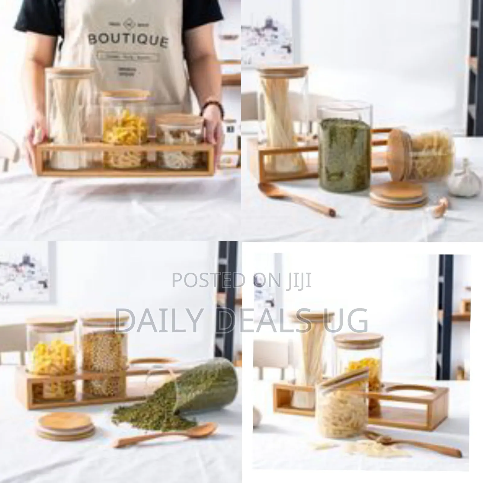 3 Pieces of Glass Sealed Jar With Bamboo Wood Storage Bracket and Lid