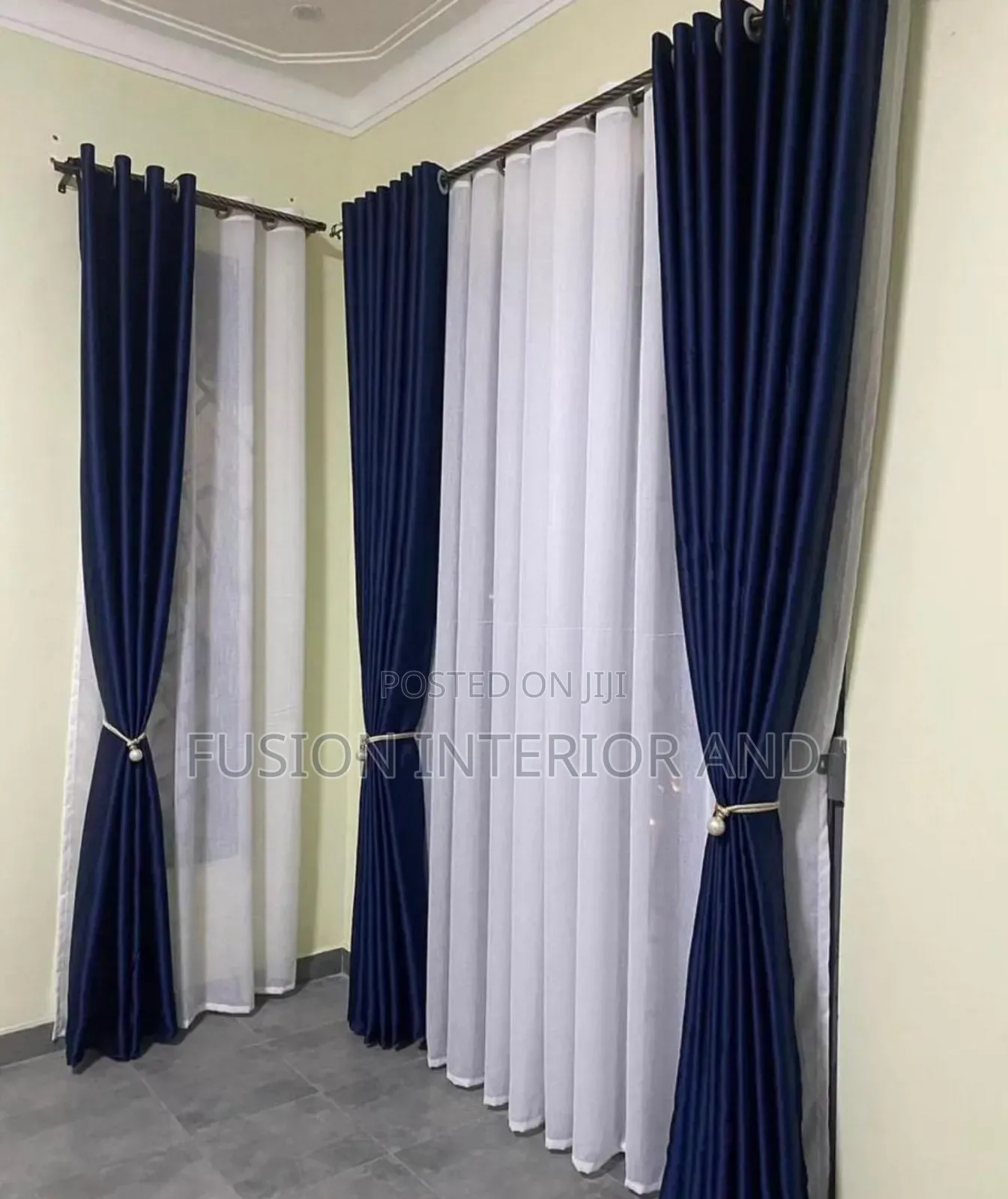 Navy Blue Curtains and Plain White Net