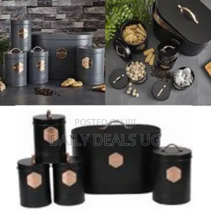5 Kitchen Countertop Canisters Jars Tins Set Tea Coffee Sugar Biscuit