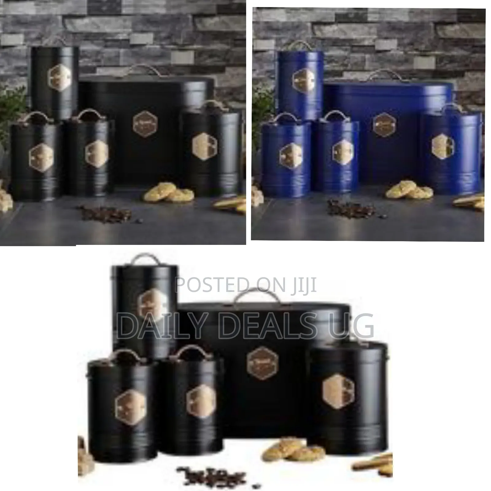 5 Kitchen Countertop Canisters Jars Tins Set Tea Coffee Sugar Biscuit