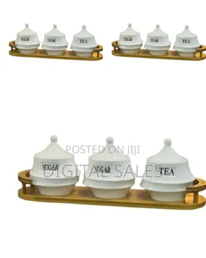 Tea Coffee Sugar 3 Canisters Containers Set With Wooden Bamboo Stand