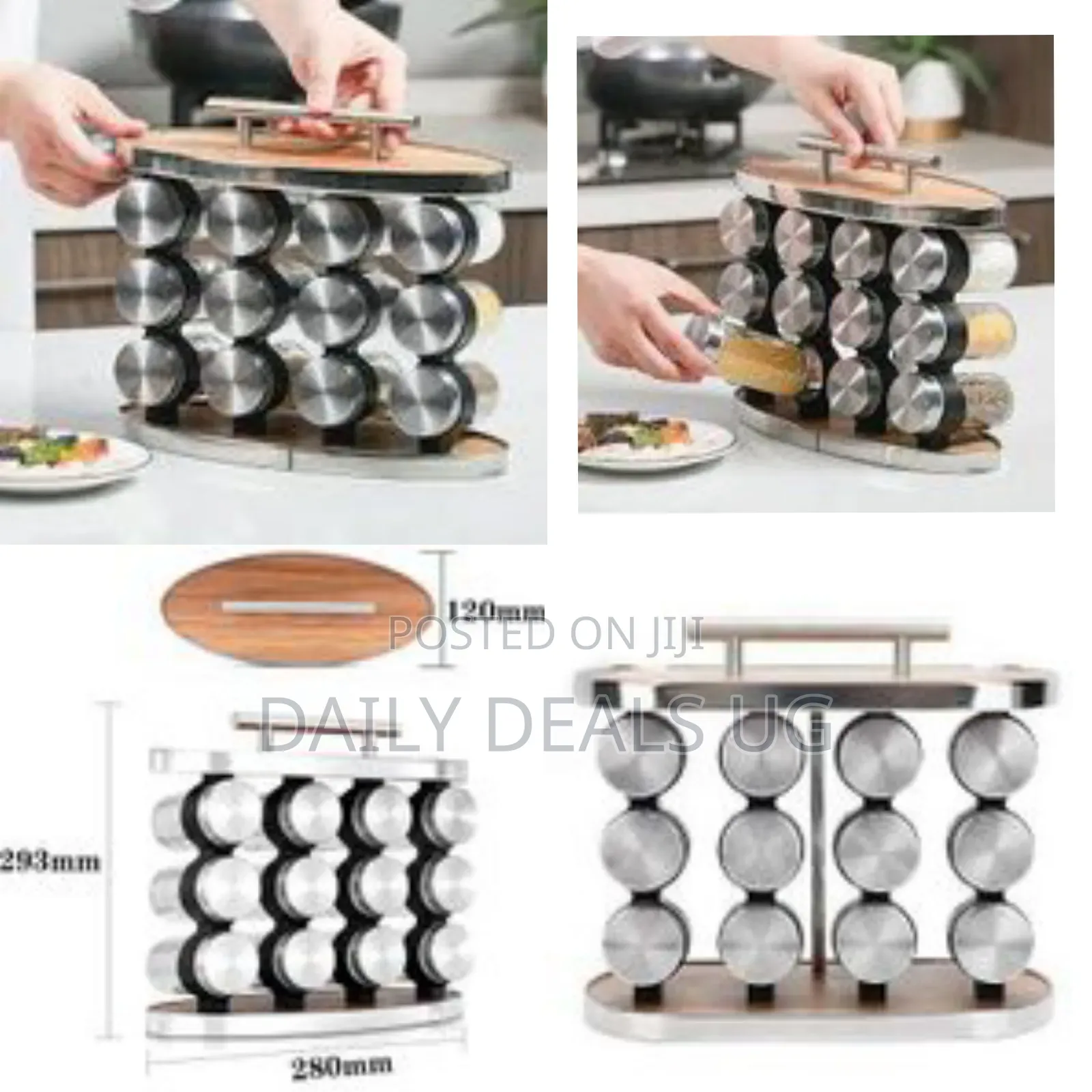 Oval Wood Rotating Grain Spice Rack Storage Set With 12 Spice Jars