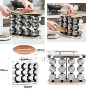 Oval Wood Rotating Grain Spice Rack Storage Set With 12 Spice Jars
