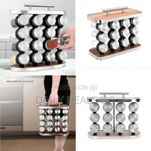 Oval Wood Rotating Grain Spice Rack Storage Set With 12 Spice Jars