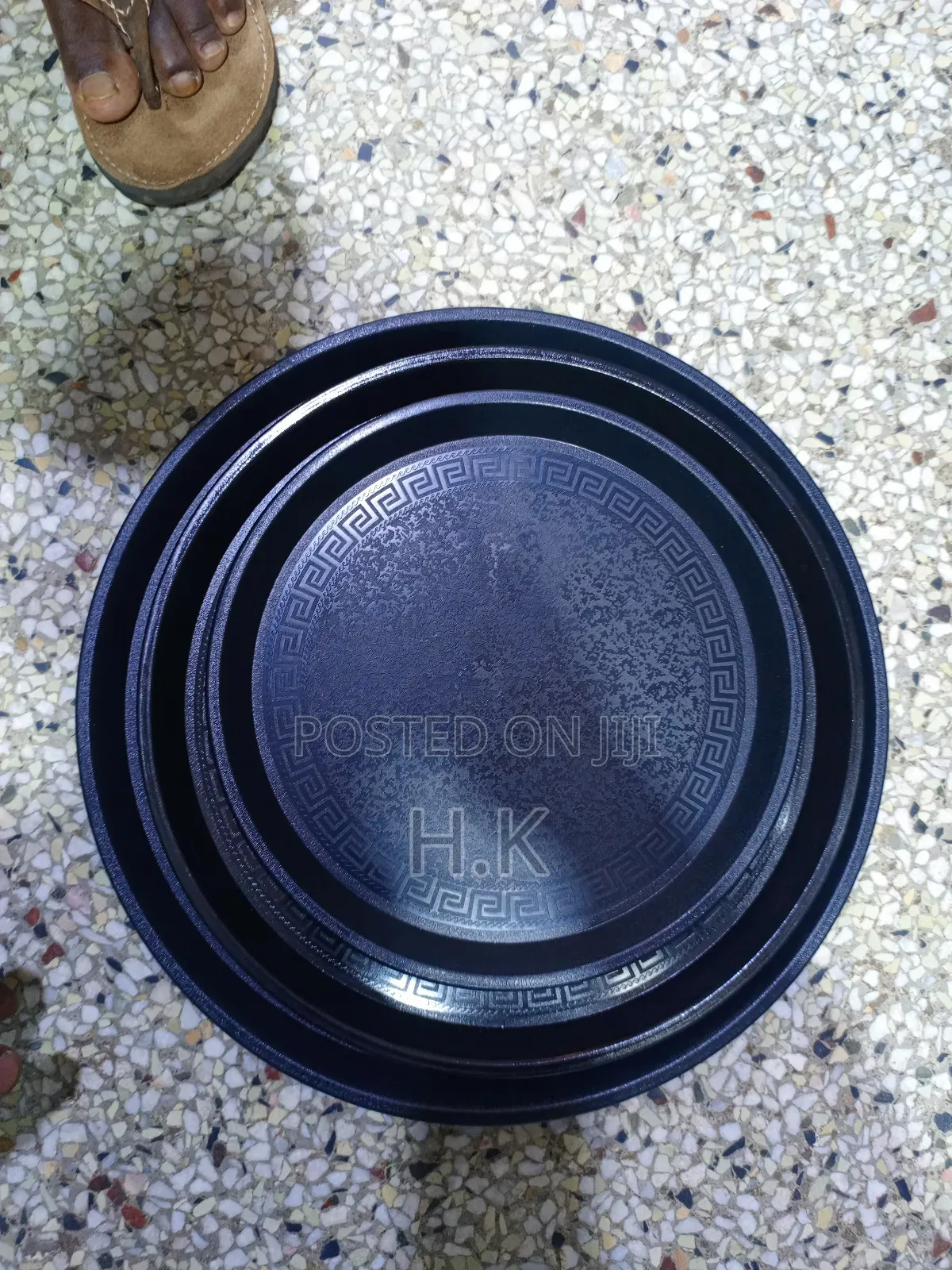 3pc Black Round Serving Tray Set
