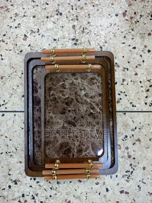Generic Decorative Wooden Serving Tray Set With Marble Design, 3-piece