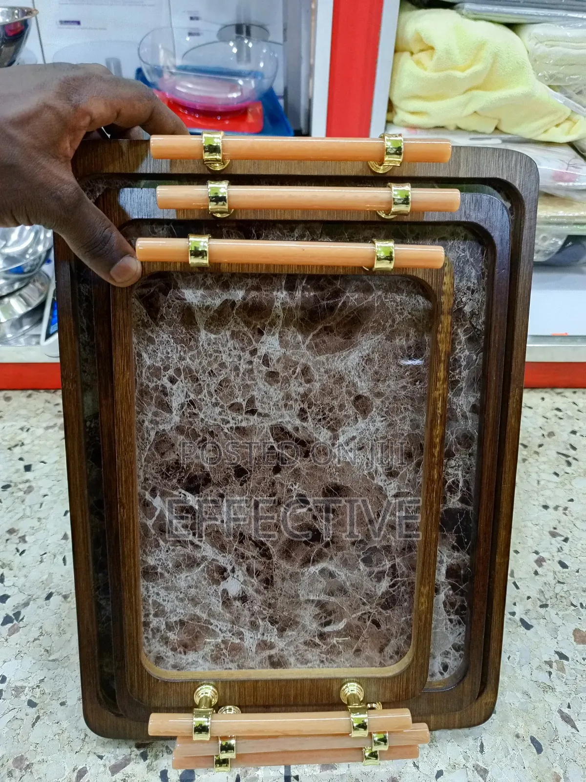 Generic Decorative Wooden Serving Tray Set With Marble Design, 3-piece