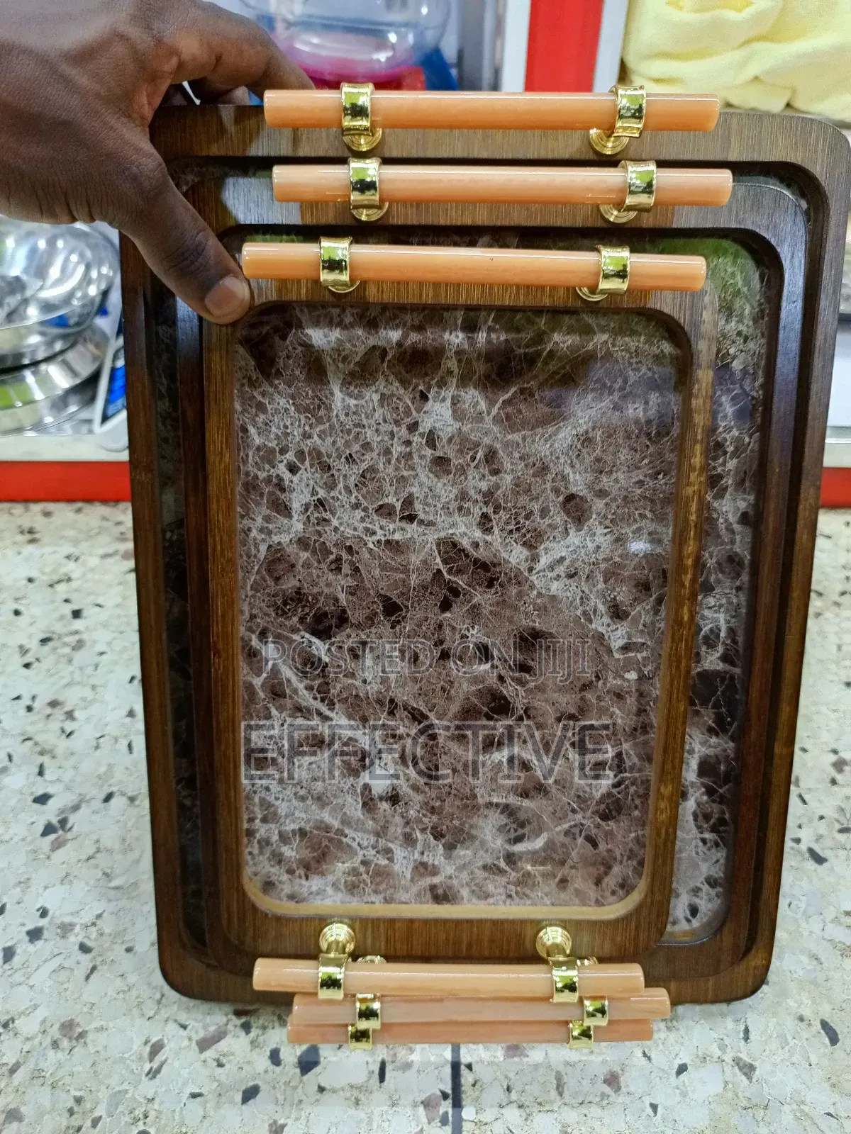 Generic Decorative Wooden Serving Tray Set With Marble Design, 3-piece