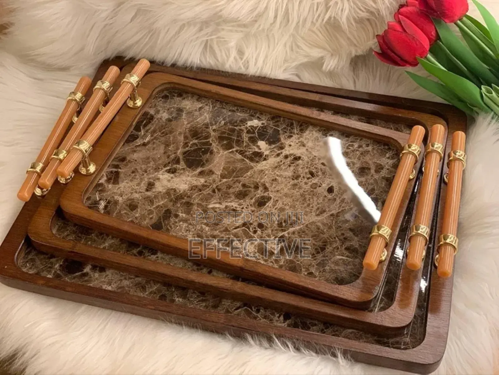 3pc Bamboo Serving Trays With A Marble Print And Metal Handles.