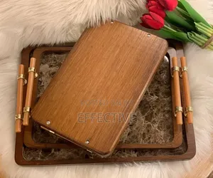 3pc Bamboo Serving Trays With A Marble Print And Metal Handles.