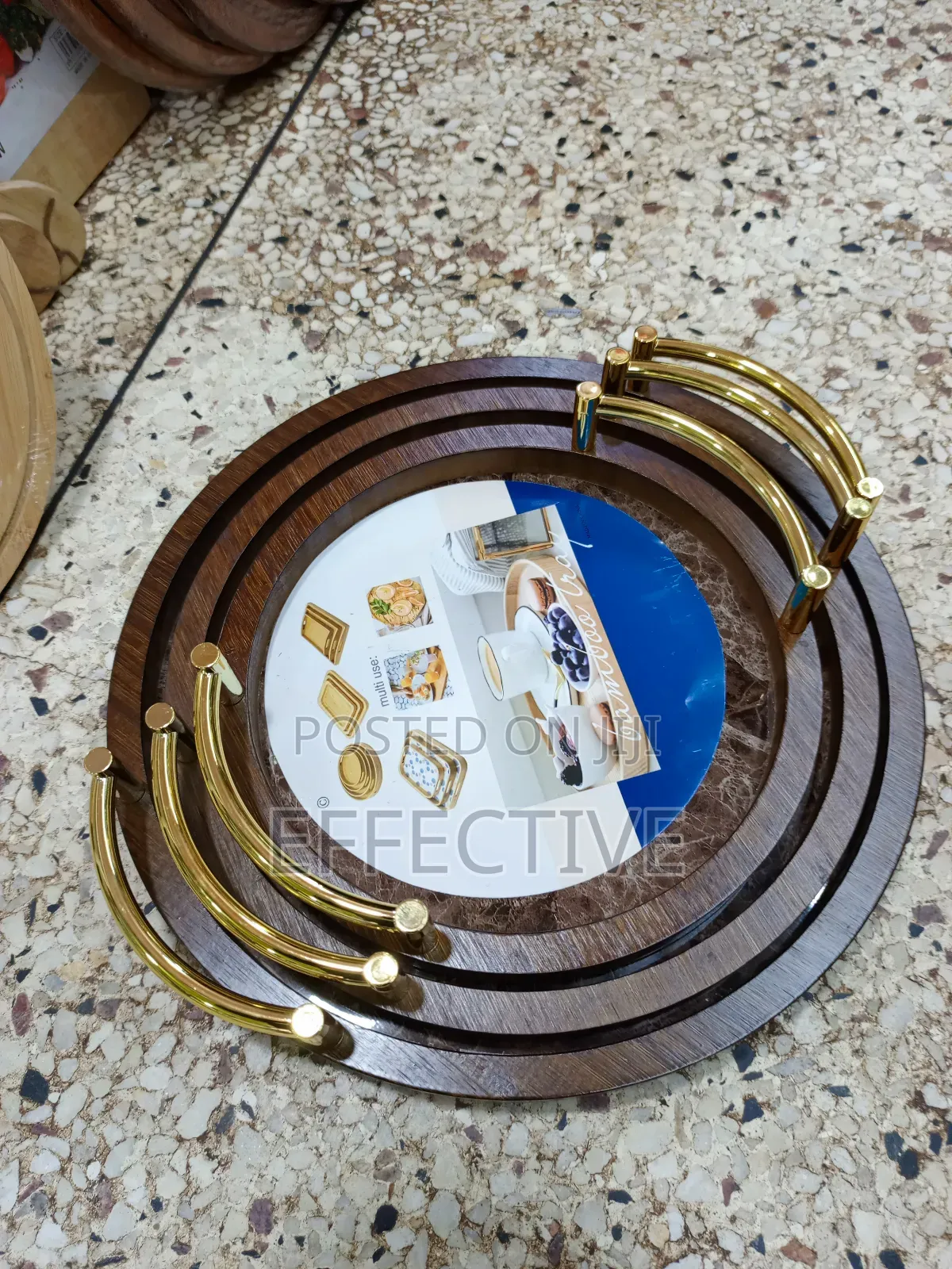 3pc Round Pallets Marble Tabletop Coffee Tea Bamboo Serving Tray