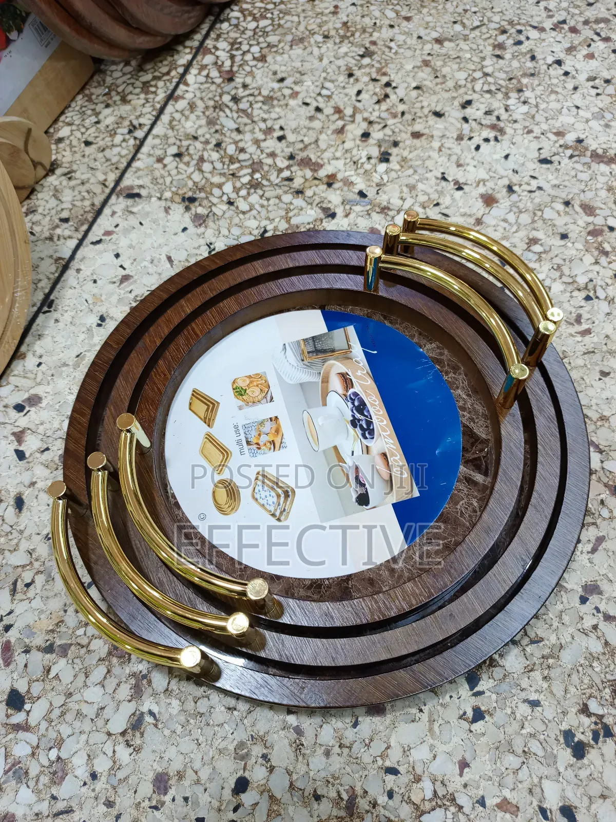 3pc Round Pallets Marble Tabletop Coffee Tea Bamboo Serving Tray