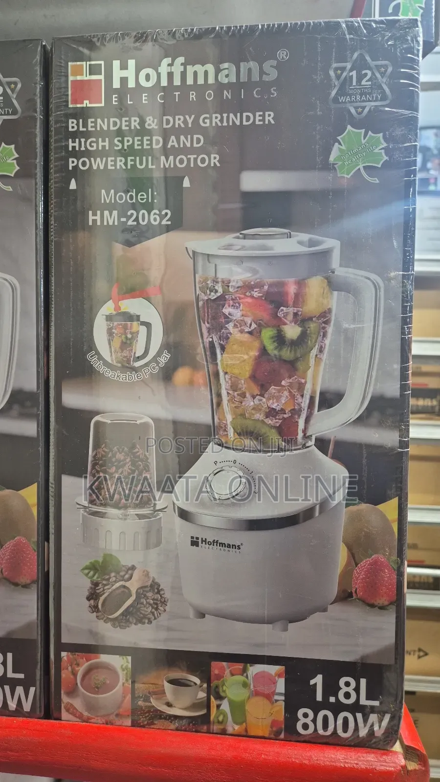 2 in 1 Hoffmans Blender and Dry Grinder 1.8litres, Model Hm-2062
