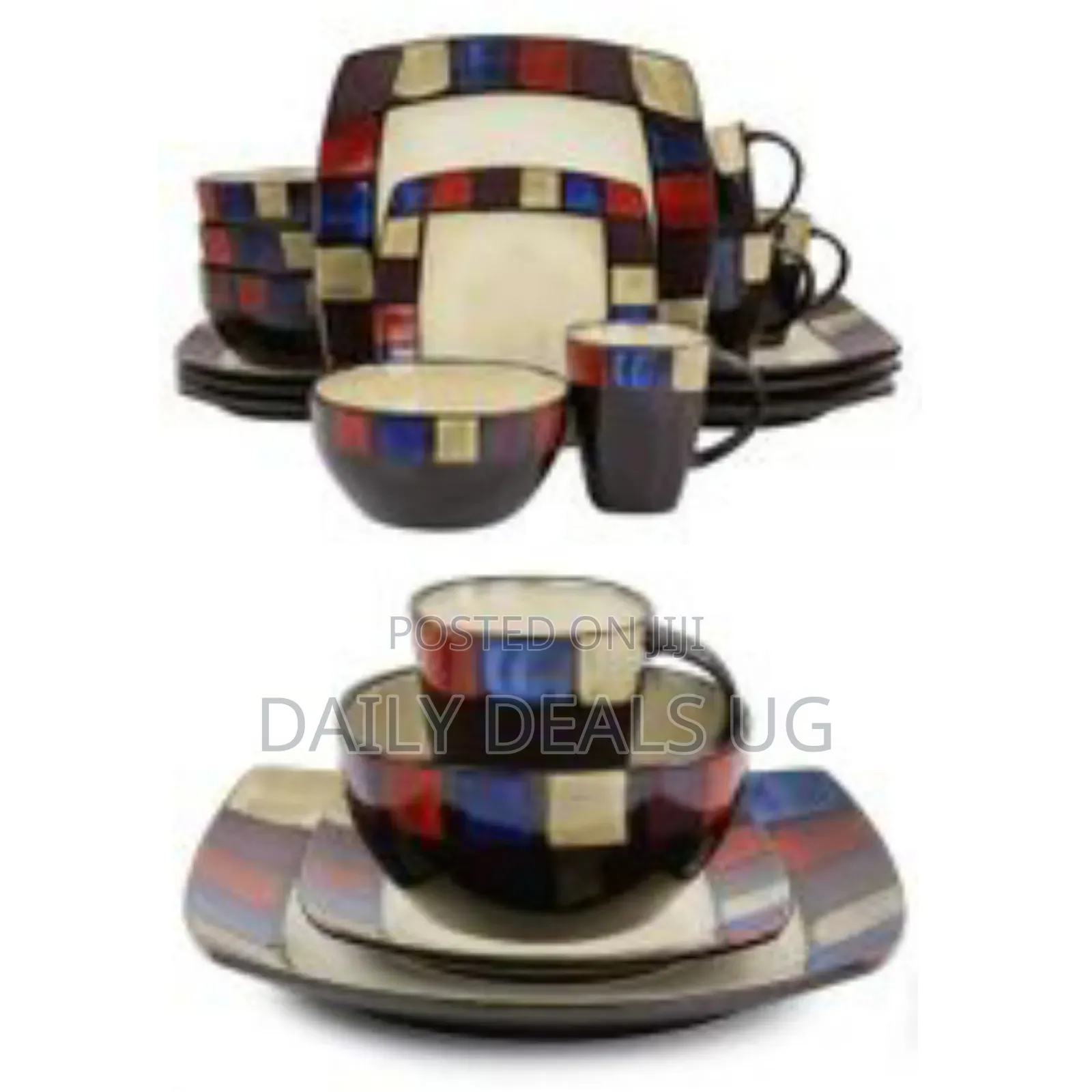 24pieces of Checked Square Plates Cups Sideplates Bowls Dinnerware Set