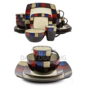 24pieces of Checked Square Plates Cups Sideplates Bowls Dinnerware Set
