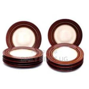 6 Pieces of Food Round Brown Band Dinner Plates - Cream