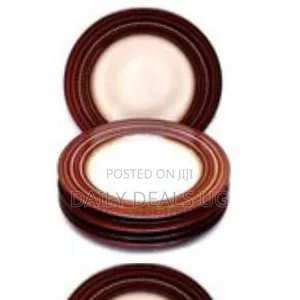 6 Pieces of Food Round 2 Brown and Blue Band Dinner Plates - Cream
