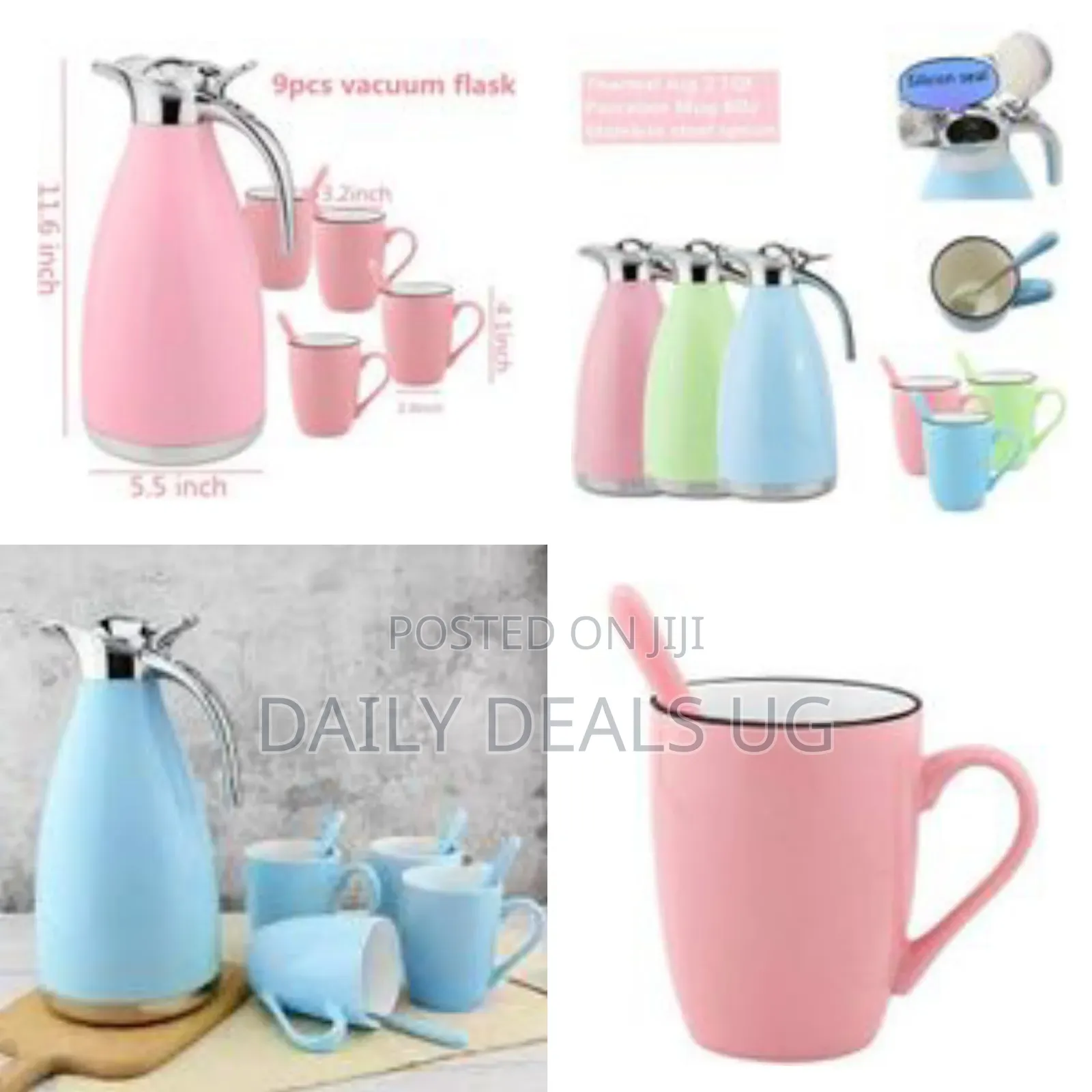 2.1quart Vacuum Flask 12oz Ceramic Mug Set, 9pcs Colored