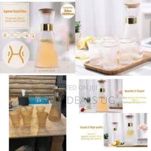 7 Piece Leakproof Ribbed Glass Pitcher Set, Elegant Jug With Gold