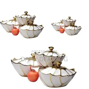 3 Piece Oval Gold Lined Ceramic Soup Tureen With Lid Lovely Serving