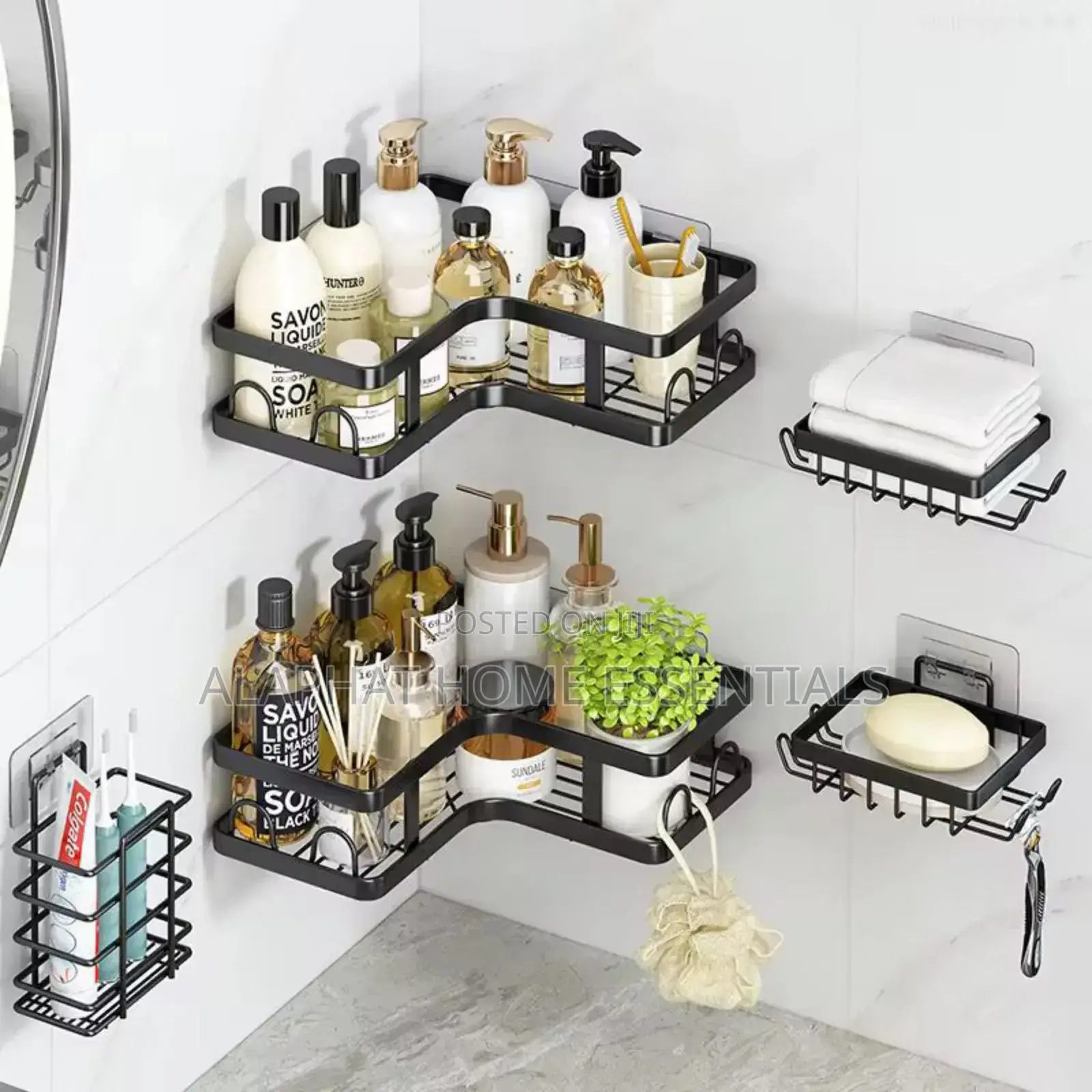 Five-piece Set Of Black Metal Shower Caddies