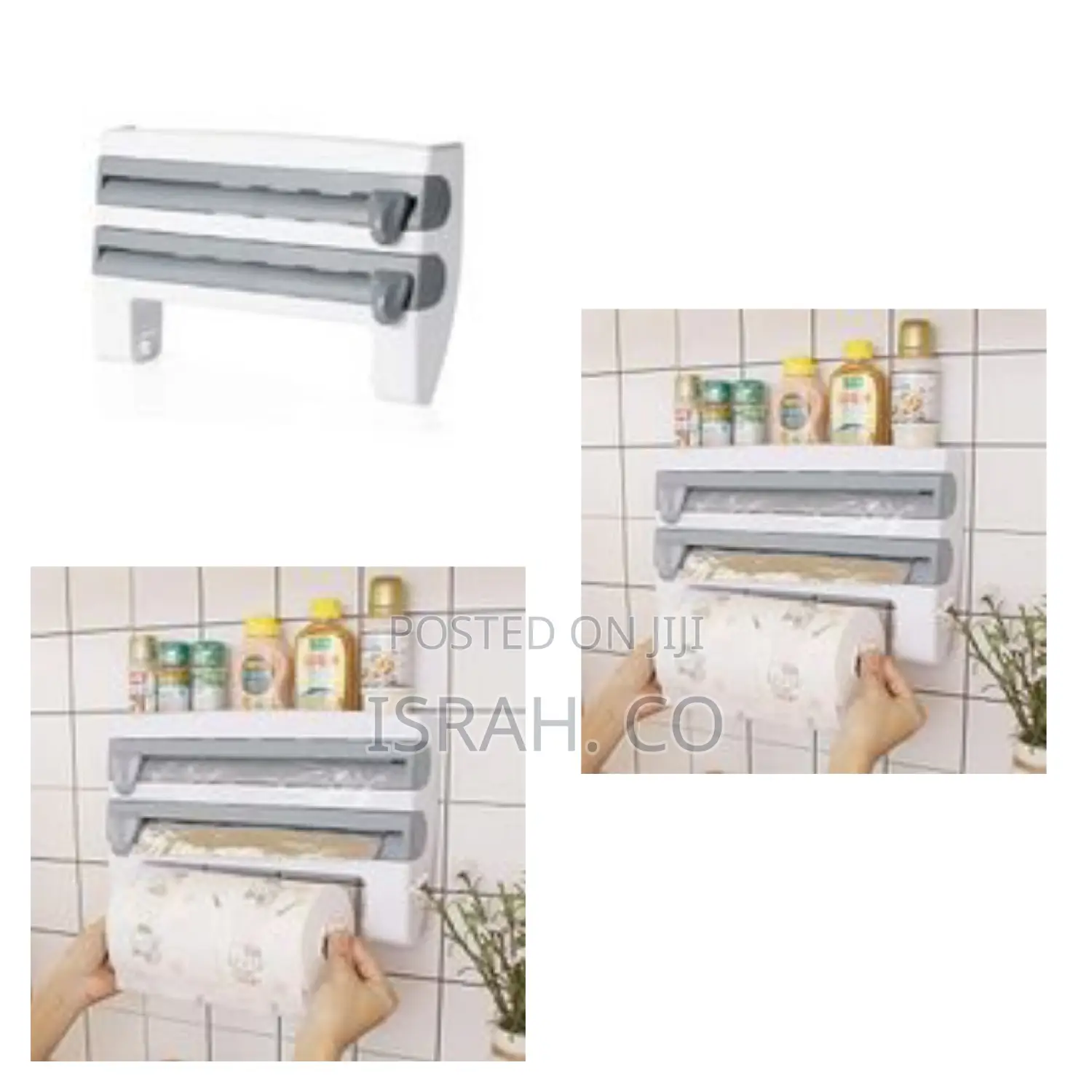 4 in 1 Cling Film,Paper Towel and Foil Storage Rack Cutter Holder