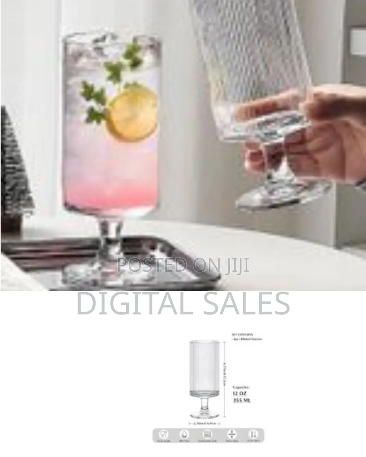 Set of 6 Ribbed Glasses All Purpose Water Goblet Cups 500ml Drinking
