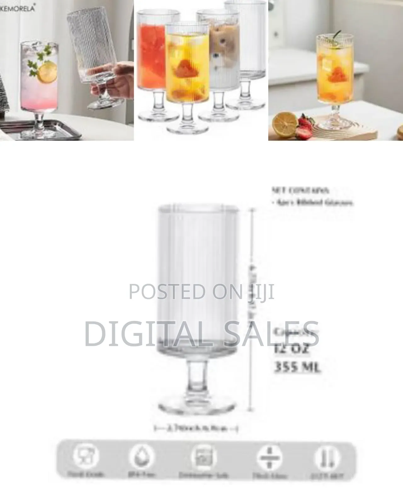 Set of 6 Ribbed Glasses All Purpose Water Goblet Cups 500ml Drinking