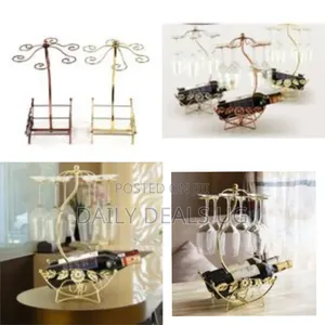 2 Bottle 6 Wine Glass Rack Storage Organizer Holder, Gold