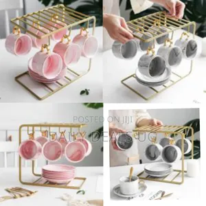 6 Tea Coffee Cups and Saucers Stand Rack Organizer Gift Set- Gold