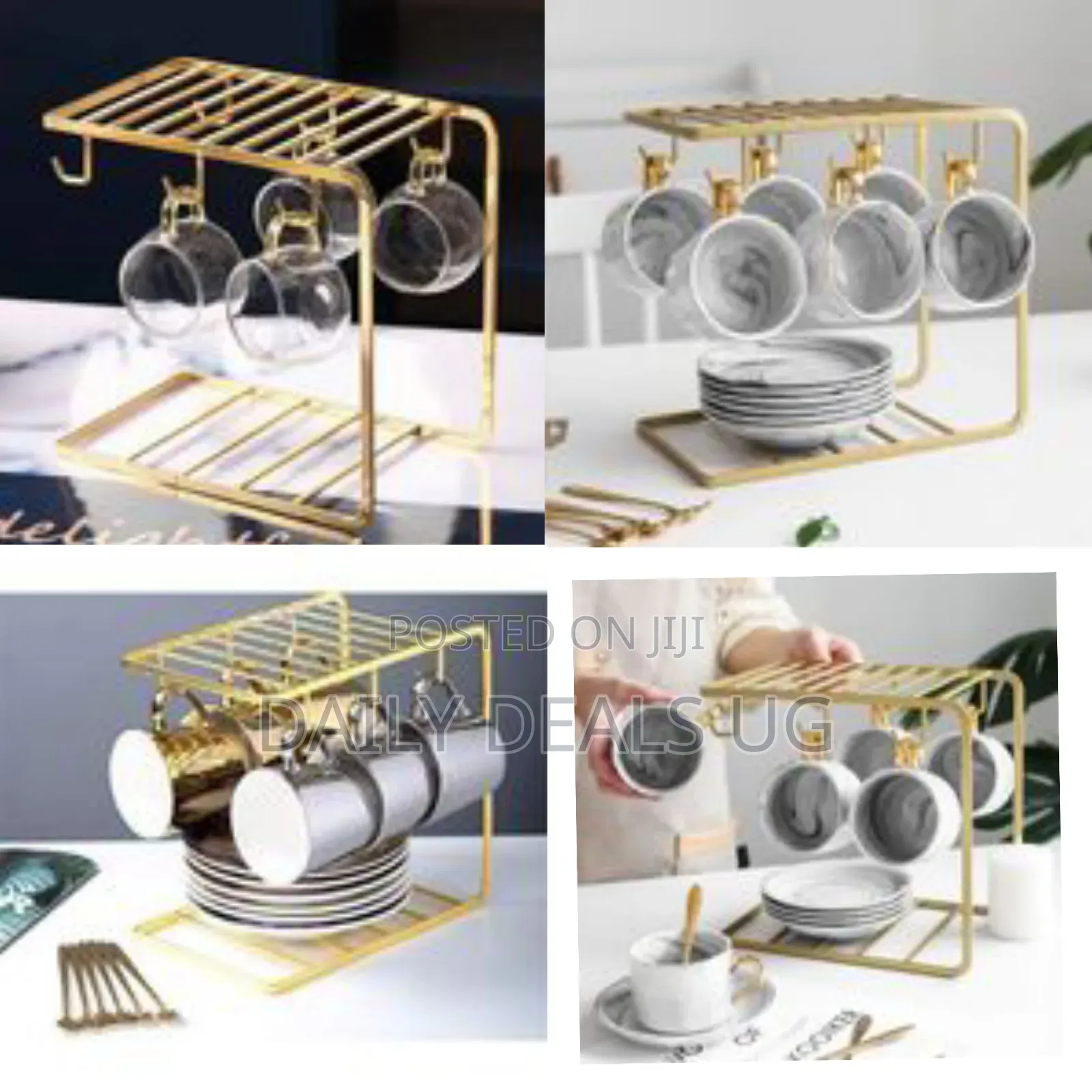 6 Tea Coffee Cups and Saucers Stand Rack Organizer Gift Set- Gold