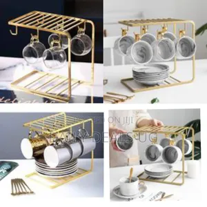 6 Tea Coffee Cups and Saucers Stand Rack Organizer Gift Set- Gold